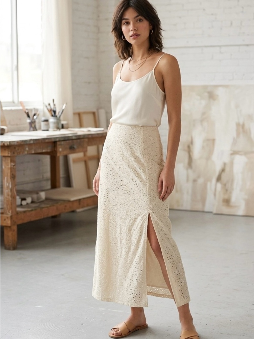 a new day Cream Eyelet Maxi Skirt with Side Slit